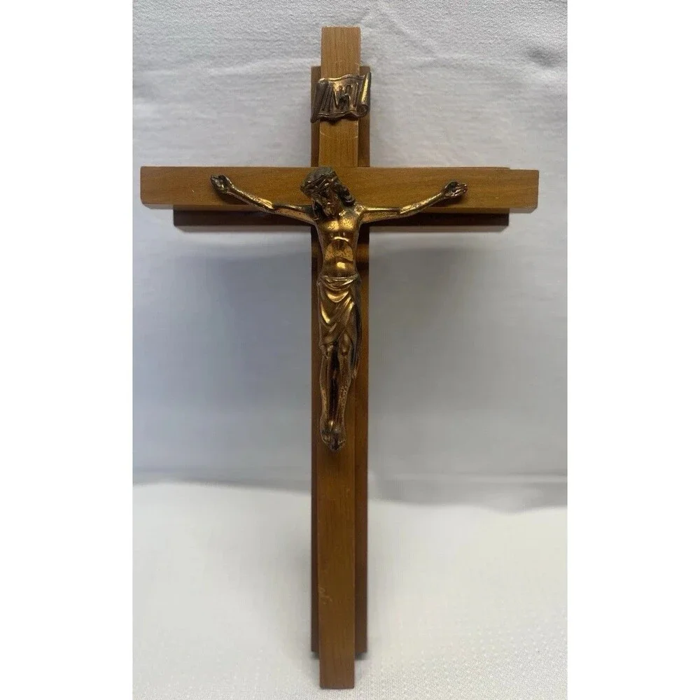 Vintage 15” Wood & Brass INRI Crucifix Jesus Cross Catholic Christian Candle 2pc